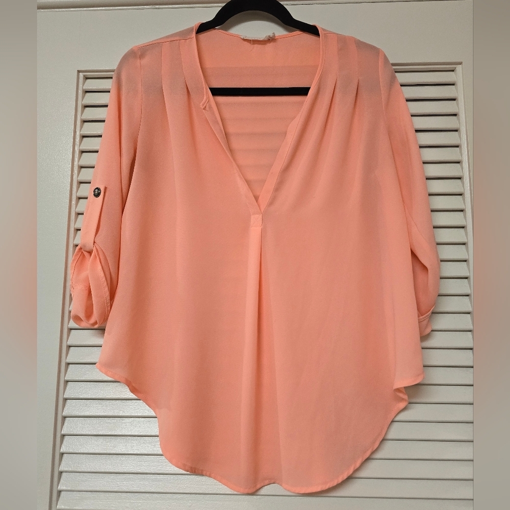 Lush - Pinkish Orange Sheer V-Neck Lightweight 3/4 Sleeve Top